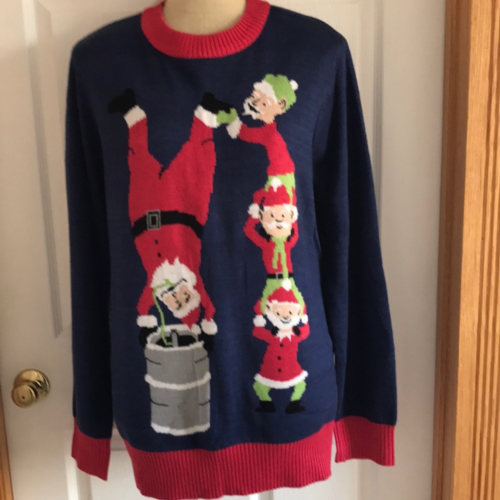 Tipsy Elves- Santa and Elves beer keg- Ugly Christmas Sweater-XL